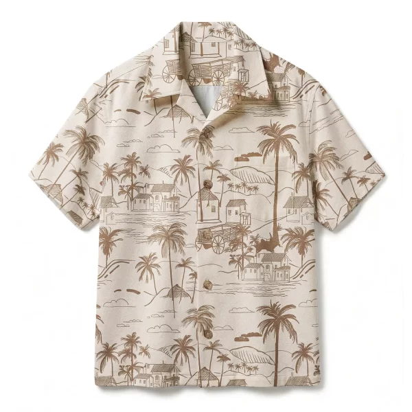 Vintage Coastal Village Hawaiian Shirt - Retro Sketch Aloha Shirt - Sepia Tropical Button-up Shirt
