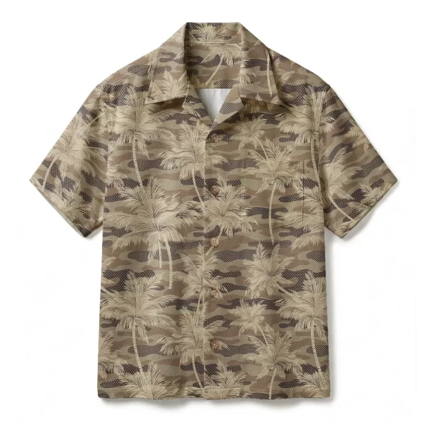 Desert Camo Palm Tree Hawaiian Shirt - Tactical Earth Tone Aloha Shirt - Khaki Summer Button-up Shirt