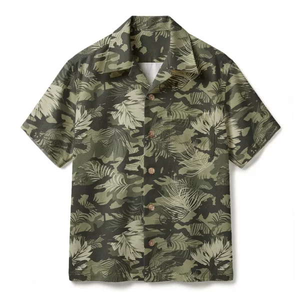 Tactical Camo Tropical Leaf Hawaiian Shirt - Classic Military Aloha Shirt - Olive Drab Button-up Shirt