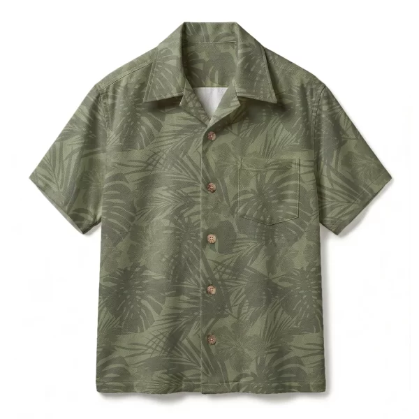 Minimalist Olive Monstera Hawaiian Shirt - Tone-on-Tone Leaf Aloha Shirt - Sophisticated Summer Button-up Shirt