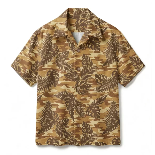 Desert Camo Monstera Hawaiian Shirt - Tactical Earth Tone Aloha Shirt - Khaki Safari Button-up Shirt