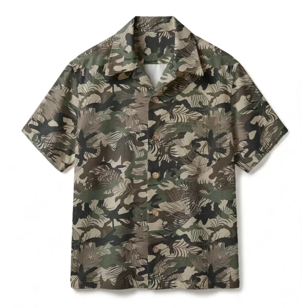 Woodland Camo Tropical Leaf Hawaiian Shirt - Tactical Jungle Aloha Shirt - Olive Drab Military Button-up Shirt