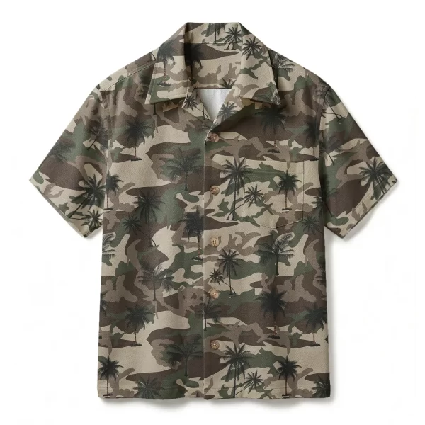Military Camo Palm Tree Hawaiian Shirt - Tactical Earth Tone Aloha Shirt - Rugged Summer Button-up Shirt