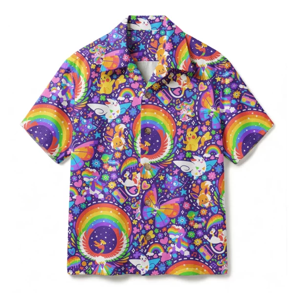 Retro Rainbow Hawaiian Shirt - Vibrant Ho-Oh Pikachu Aloha Shirt - 90s Pop Art Button-up Shirt