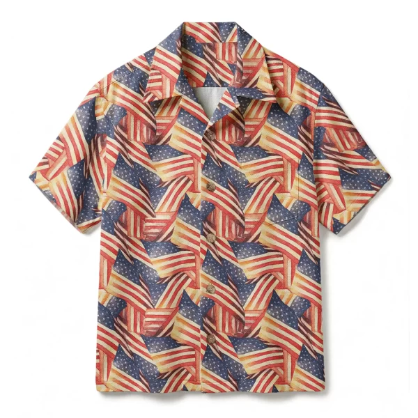 Vintage American Flag Hawaiian Shirt – Waving Patriot Aloha Shirt – Independence Day Button-up Shirt