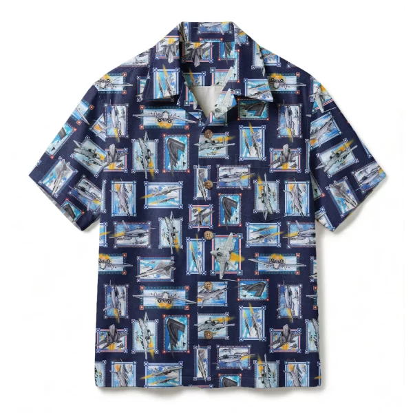 Vintage Military Jet Stamp Hawaiian Shirt – Air Force Pilot Aloha Shirt – Fighter Jet Button-up Shirt