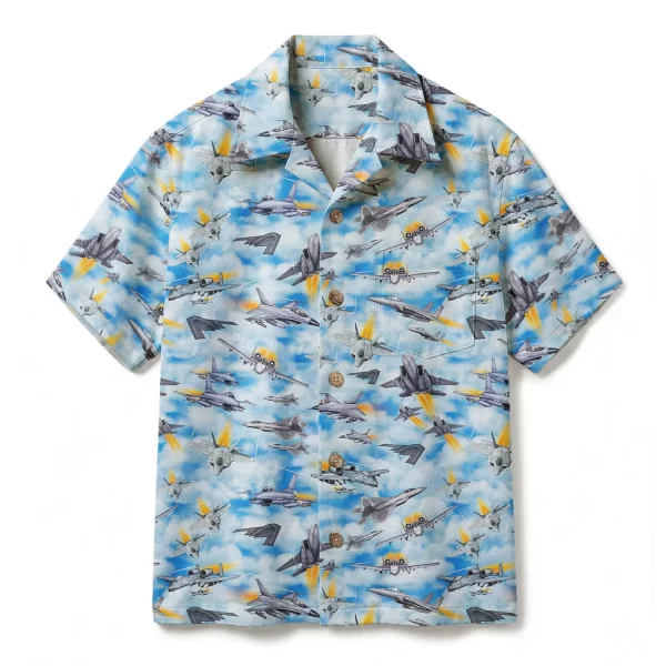Blue Sky Military Jet Hawaiian Shirt – Fighter Pilot Aloha Shirt – Air Force Stealth Button-up Shirt