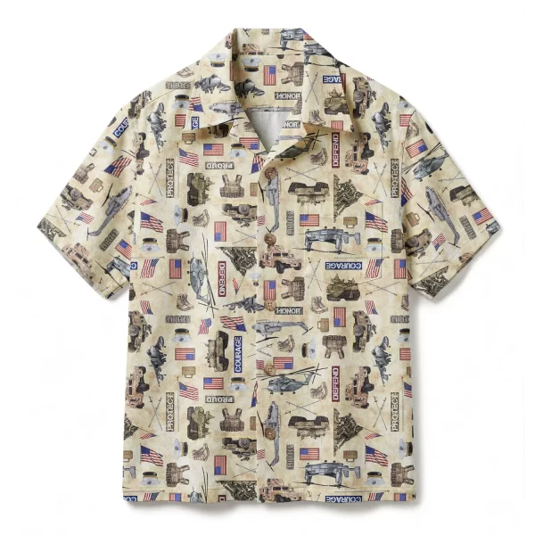 Vintage Military Heritage Hawaiian Shirt – American Patriot Aloha Shirt – Honor Defense Button-up Shirt