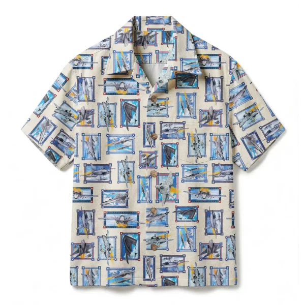 Vintage Military Jet Stamp Hawaiian Shirt – Sand Air Force Pilot Aloha Shirt – Aviation Enthusiast Button-up Shirt