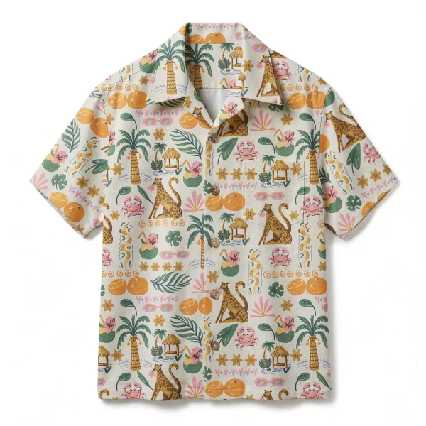 Playful Leopard Hawaiian Shirt - Tropical Crab & Coconut - Vibrant Summer Kitsch Aloha Shirt