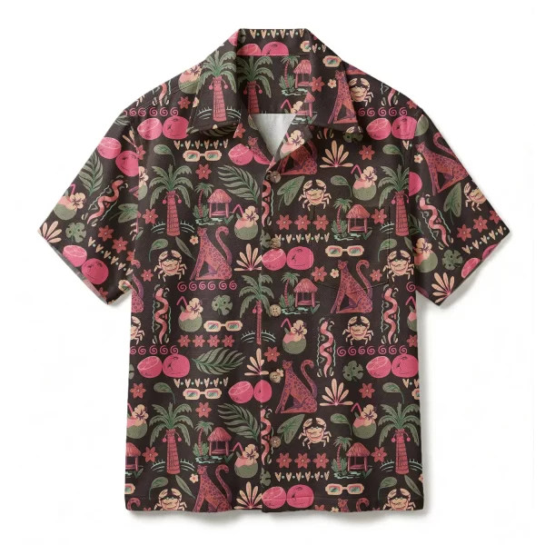 Dark Leopard Hawaiian Shirt - Electric Pink Crab & Coconut - Retro Night Summer Aloha Shirt
