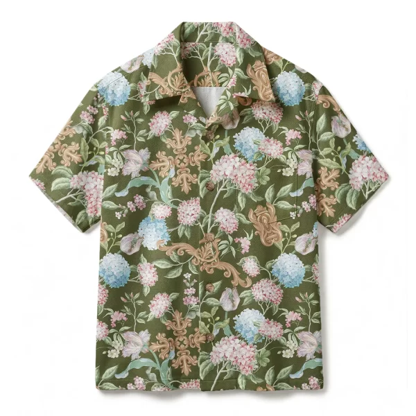 Vintage Olive Baroque Hydrangea Hawaiian Shirt - Golden Rococo Floral - Luxury Aesthetic Aloha Shirt