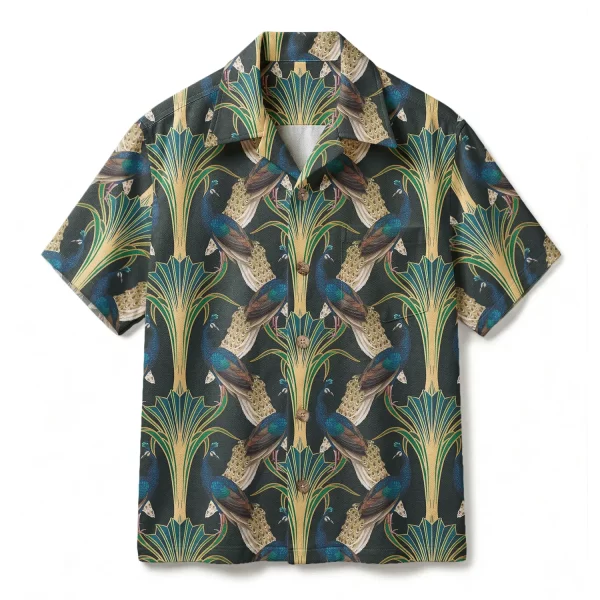 Vintage Art Deco Peacock Hawaiian Shirt - Symmetrical Luxury Graphic - Gatsby Style Aloha Shirt