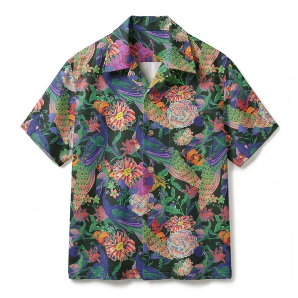 Majestic Peacock Floral Hawaiian Shirt - Vibrant Garden Botanical - Luxury Art Aloha Shirt