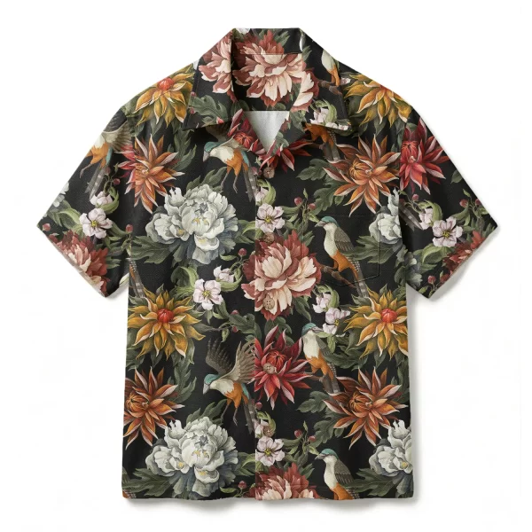 Vintage Black Peony & Bird Hawaiian Shirt - Botanical Oil Painting Style - Luxury Aesthetic Aloha Shirt