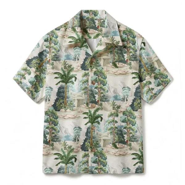 Vintage Tropical Landscape Hawaiian Shirt - Hand-Painted Jungle Mountain Print - Retro Botanical Aloha Shirt