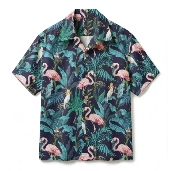 Vintage Flamingo & Exotic Bird Hawaiian Shirt - Tropical Jungle Flora - Pink Flamingo Aloha Shirt