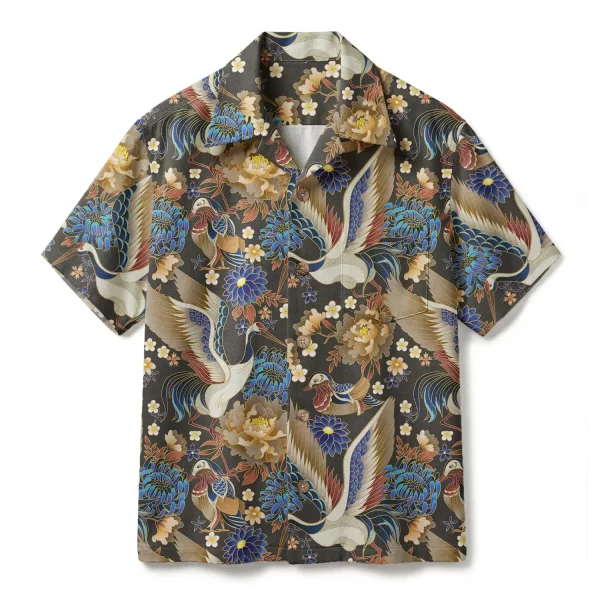 Vintage Japanese Crane & Mandarin Duck Hawaiian Shirt - Oriental Floral Art - Luxury Zen Aesthetic Aloha Shirt