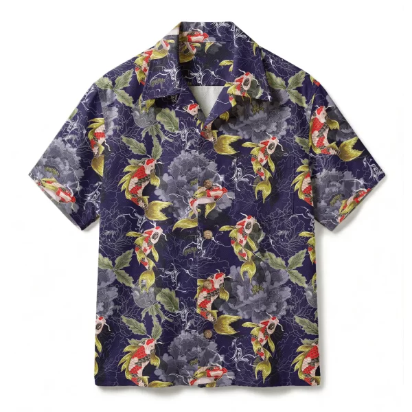 Japanese Koi Fish Hawaiian Shirt - Dark Peony & Wave Print - Oriental Tattoo Art Aloha Shirt