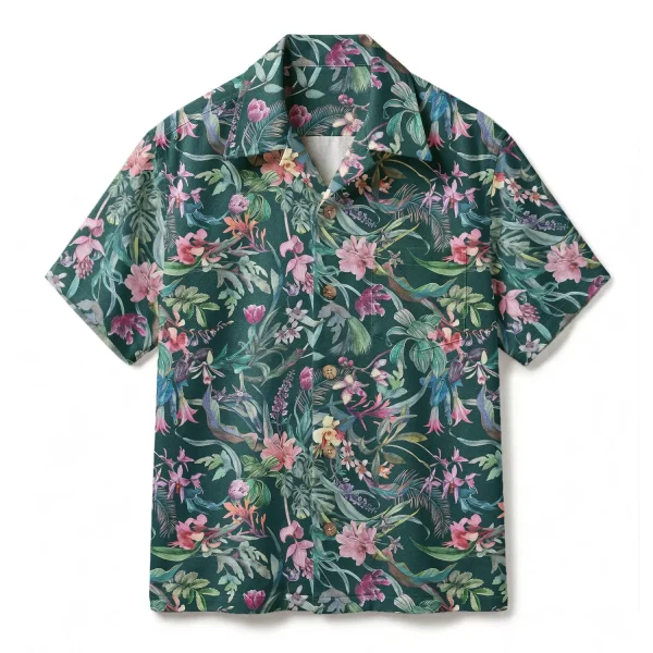 Vintage Dark Floral Hawaiian Shirt - Moody Botanical Orchid Print - Forest Green Luxury Aloha Shirt