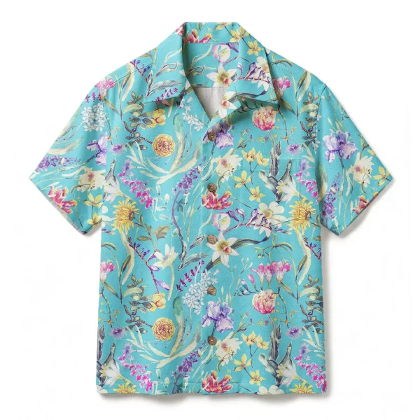 Vibrant Turquoise Wildflower Hawaiian Shirt - Colorful Spring Meadow Print - Modern Aqua Floral Aloha Shirt
