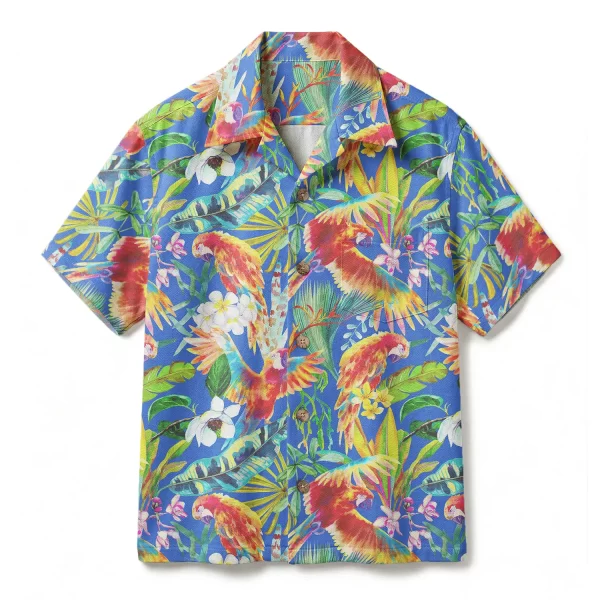 Vibrant Blue Macaw Hawaiian Shirt - Scarlet Parrot & Plumeria Floral - Tropical Island Aloha Shirt