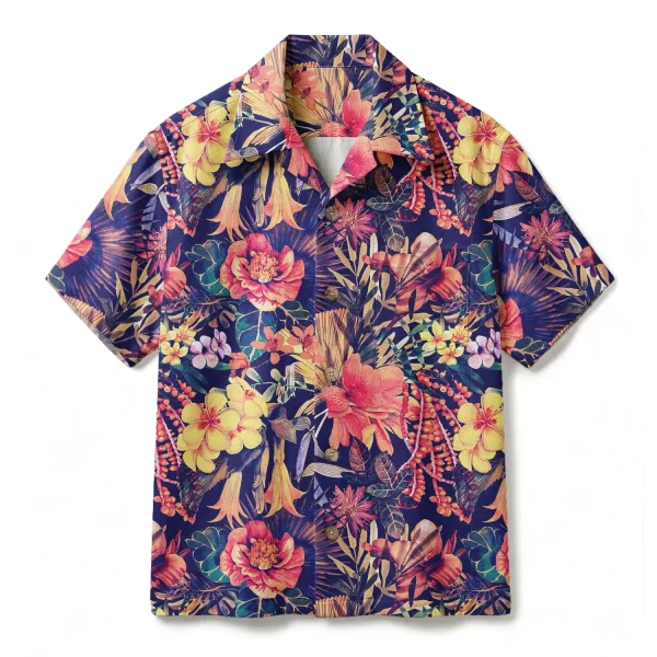 Vintage Golden Twilight Hawaiian Shirt - Vibrant Hibiscus & Palm Floral - Luxury Sunset Aloha Shirt