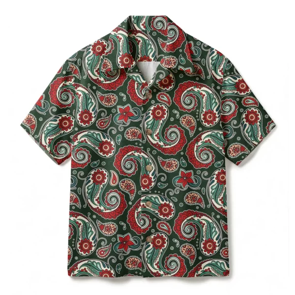 Vintage Forest Green Paisley Hawaiian Shirt - Red Floral Ornamental Print - Retro Boho Aesthetic Aloha Shirt