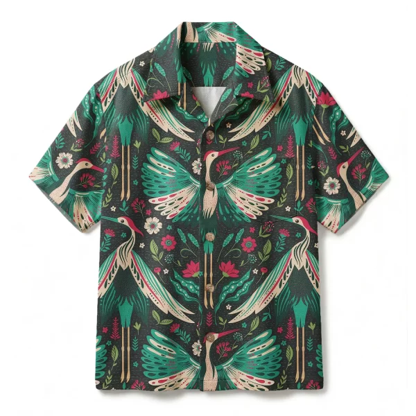 Vintage Forest Green Crane Hawaiian Shirt - Symmetrical Folk Art Floral - Luxury Boho Bird Aloha Shirt