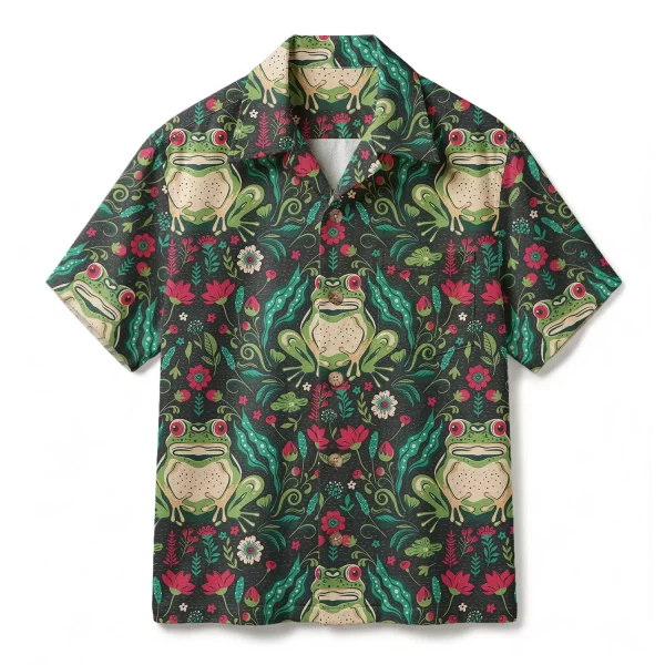Whimsical Frog & Wildflower Hawaiian Shirt - Folk Art Botanical Print - Quirky Dark Cottagecore Aloha Shirt