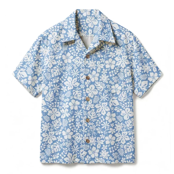 Classic Sky Blue Hibiscus Hawaiian Shirt - Two-Tone Tropical Monstera Print - Vintage White Floral Aloha Shirt
