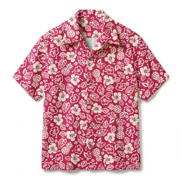 Classic Fuchsia Pink Hibiscus Hawaiian Shirt - Two-Tone Pineapple & Monstera Print - Vibrant White Floral Aloha Shirt