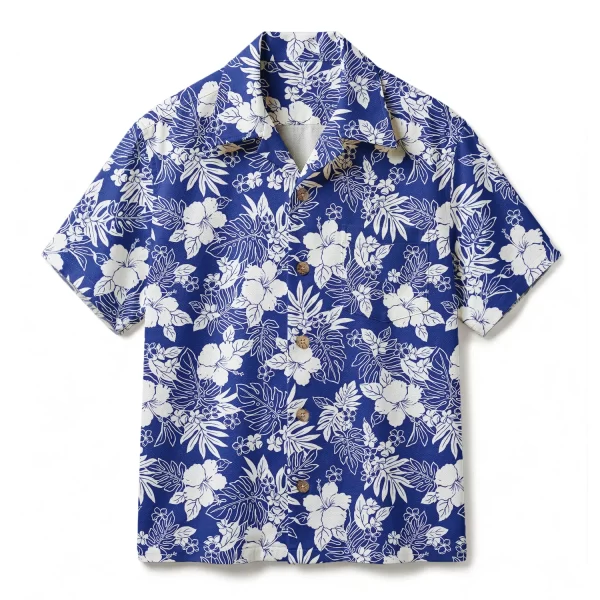 Classic Royal Blue Hibiscus Hawaiian Shirt - Two-Tone Tropical Floral Print - Authentic White Monstera Aloha Shirt