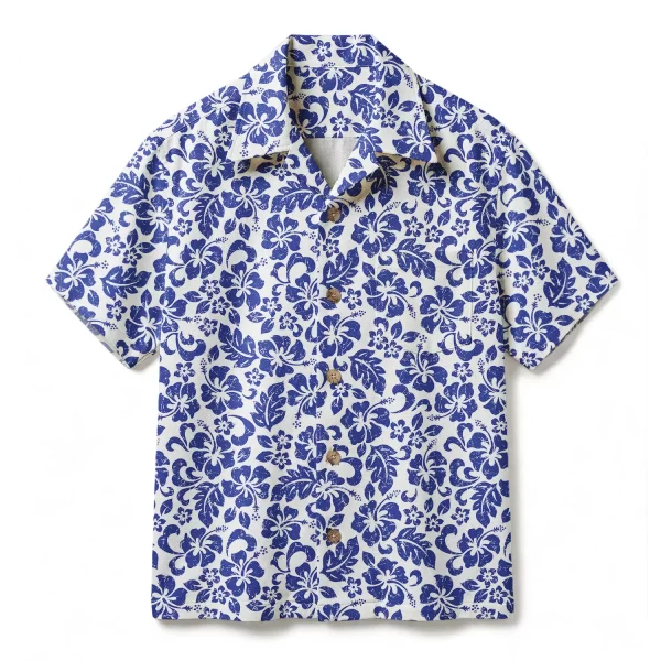 Classic White & Cobalt Blue Hibiscus Hawaiian Shirt - Two-Tone Tropical Floral Print - Fresh White Aloha Shirt