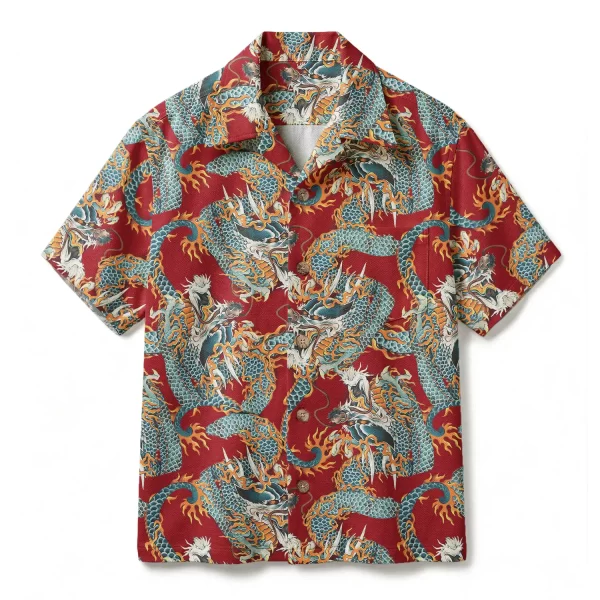 Vibrant Crimson Dragon Hawaiian Shirt - Azure Oriental Mythological Print - Bold Red Heritage Aloha Shirt