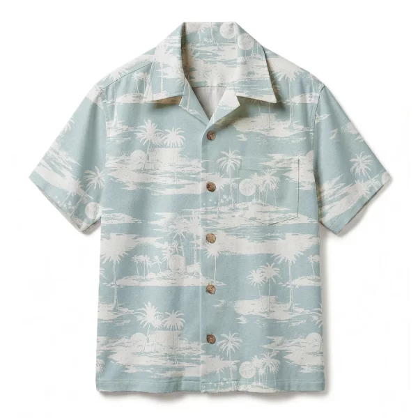 Pastel Blue Coastal Scene Hawaiian Shirt - Dreamy Island Aloha Shirt - Summer Beach Resort Button-up Shirt