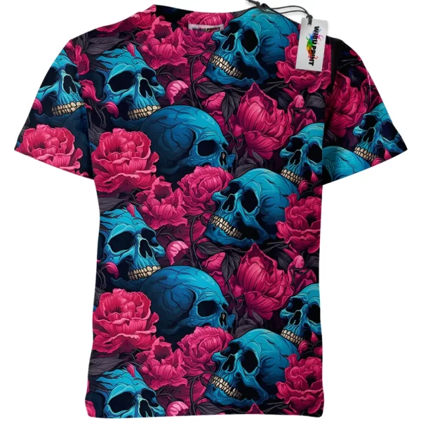 Blue Skull Rose Pattern Shirt, Graphic Shirt