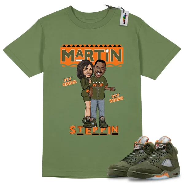 Wibuprint Martin Fly Kicks Steppin Shirt to Match Air Jordan 5 Olive – AJ5 Matching Graphic Tee – Olive 5s Shirt